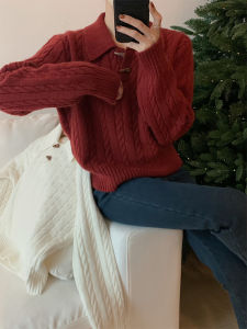 French Vintage Wine Red Polo Collar Thickened Knitted Sweater Women Autumn Winter Long Sleeve Crew Neck Pullover Knitwear