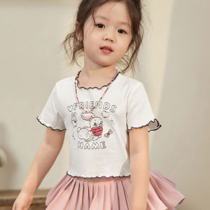 Girls Short Sleeve T-Shirt Summer New Style Wooden Edge Cartoon Half Sleeve Children Baby Short Top Casual Straight Cut Other Material