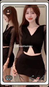 เสื้อครอบครูสีดำ คอแบบพับลง แขนยาวปลายแขน ปลายเสื้อผ่า ผลิตภัณฑ์เสริมสวยใส