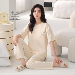 miiow | Pure Cotton Catwoman Sleepwear Womens Summer Outfit Short Sleeve Long Pants Home Clothes Set With Chest Pad Sweet Cute Style