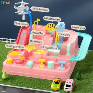 TEMI Pink Adventure Car Track Race Rail Track Toy  Bus Racing Rail Car City Rescue Educational Playsets Kids Girl Gift