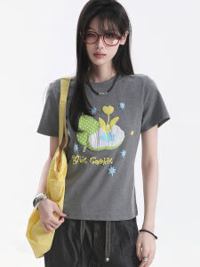 zuocisankon | American Retro Foamed Print Crew Neck Tshirt