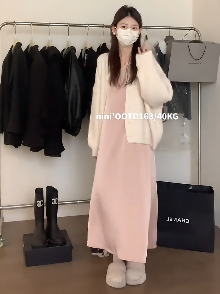 Soft Cozy Sweater Jacket Pink Dress Two Piece Set Womens Loose Style Fashionable Autumn New Korean Version Dress Set