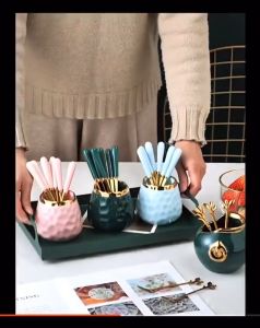 🔥SG READY STOCK🔥Dessert Fruit Fork Set 6-Piece Set Nordic Fork Luxury Stainless Steel Set Ceramic Fruit Jar Storage Gold Dessert Cutlery Set Sudu Garfu Seramik