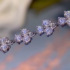 925 Sterling Silver Bracelet Womens Lucky Clover Mosonite Push Pull Adjustable Hand Jewelry Plated with Pt950 Gold