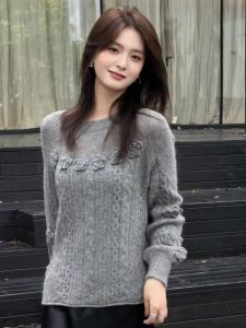 YUFUQING | เสื้อสเวตเตอร์ถักแขนยาวหลวมๆ สีเทา คอกลม สำหรับผู้หญิง แฟชั่นต้นฤดูใบไม้ร่วง เสื้อคลุมแบบสวมหัว ทรงเข้ารูป ใส่ได้หลากหลาย