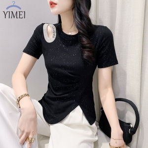 Yimei tay ngắn cổ tròn khoét rỗng áo đính Kim Cương Đính chữ cái cho nữ 2023 dây thắt lưng cotton mới Áo Phông xẻ cho áo thun màu đen ôm vừa thời trang nữ