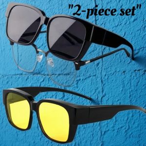 2PCS Trendy That Can Be Worn over Other Glasses Sun Glasses for Driving Riding Wrap Around Fit Over Sunglasses Square Shades