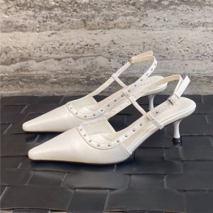 Rome Style Embossed Leather High Heels Womens Spring Summer New Pointed Toe Buckle Cover Head Sandals Hollow out Shoes