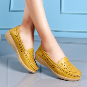 Comfortable Soft Bottom Genuine Leather Summer Sandals Womens Breathable Hollow out Thick Heel Shoes for Middle-Aged And Elderly Mothers