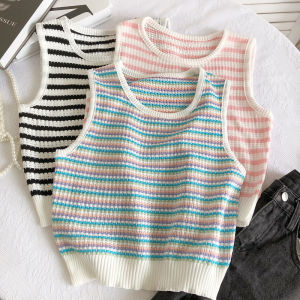 Spicy Girl Design round Neck Striped Knitted Vest Loose Sleeveless Summer Top Women Short Style Commute Cotton Material
