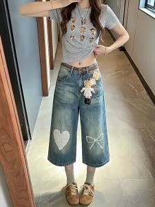 QIANCHANGNAAI | Retro Bow Print Denim High Waist Loose Straight Culottes
