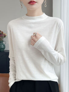 เสื้อถักคอสูงบางสำหรับผู้หญิง เสื้อชั้นในสีขาว ฤดูใบไม้ร่วง/ฤดูหนาว 2025 เสื้อเชิ้ตทรงหลวมสบาย ๆ สำหรับผู้หญิง