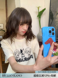 Hello Canon Original Color Block Line Dog Foamed Print Short Sleeve T-Shirt Women Summer Unique High-End round Neck Top
