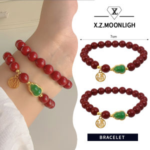 X.Z.MOONLIGH Lucky Jade Gourd Cinnabar Beaded Bracelet Peace Gold Inlaid Jade Jewelry