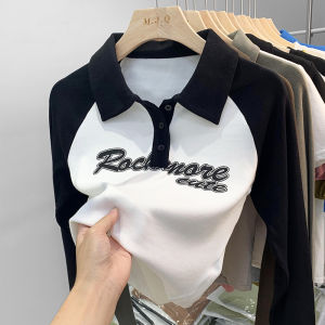 Slim Fit Short Sleeve Polo Neck T-Shirt Womens Fashion Autumn Winter New Style European Goods Letter Print Long Sleeve T-Shirt