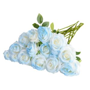 SMR | 10Pc Artificial Flowers Blue Rose Valentines Silk Bridal Bouquet Wedding Wreath Home Room Outdoor Decor DIY Handheld FlowerGift