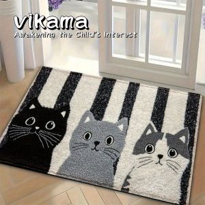 VIKAMA Cartoon Cat Rug Striped Soft Doormat Waterproof Non-Slip Floor Mat for Bedroom Living Room Outdoor Home Decor Carpet