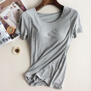 miiow | Cat Lady Pure Color Short Sleeve Sleepwear Women Summer New Style With Chest Pad Integrated Bra Outdoor Home Clothes Top