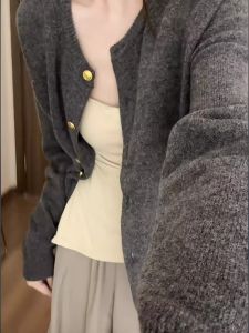 เสื้อคาร์ดิแกนถักสีชมพูนุ่มๆ สำหรับผู้หญิง ฤดูใบไม้ร่วง/ฤดูหนาว เสื้อคลุมกันหนาวแบบสวมหัว แขนยาว ปกติ ปกติ ปกติ