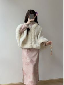 Áo Khoác Cardigan Dài Tay Màu Trắng Dày Có Lót Lông Cừu Kiểu Trung Quốc Mới Áo Khoác Ngoài Thời Trang Mùa Thu Đông Áo Khoác Ngoài