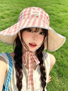 FUSHIXIONG | Wide Brim Checked Bow Buckle Sun Protection Hat Face Slimming Dual-sided Womens Hat