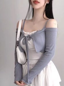 Sweet Shoulder Bared Knitted Cardigan Womens Slim Fit T-Shirt Top Dongda Gate New Arrival Korean Style Commute Pure Color