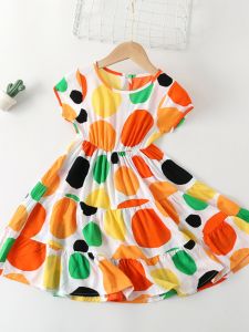 Princess Style Floral Print Cotton Blend Summer Dress for Girls Short Sleeve Childrens Clothing Artificial Cotton Skirt
