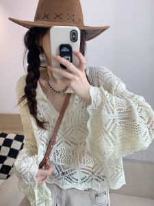 2023 Short Hollow-out Knitted Blouse Womens Spring/Summer V-neck Sun Protection Clothing Thin Loose Long Sleeves Outer Match Chic Tops