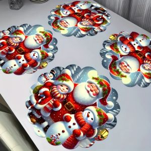 VIKAMA 4pcs Christmas Tablecloth Set Placemats Coasters Santa Snowman Waterproof Holiday Dining Table Decor for Kitchen Party
