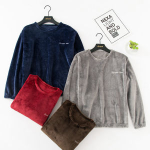 ชุดนอนผ้าสักหลาดหนาพิเศษใส่ช่วงฤดูหนาวสําหรับผู้ชายเสื้อสวมหัวแขนยาวกันหนาวผ้าคอรัลฟลีซใส่ด้านนอกใส่ในบ้าน