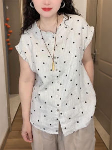 QINGNAER | French Style Casual Graceful Summer Plus Size Womens Dot Ruffle Short Sleeve Light Shirt