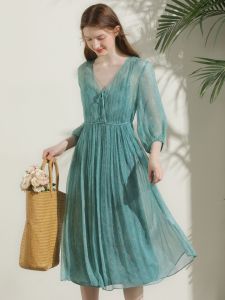 Miccbeirn | Miccbeirn Silk V-neck Bubble Sleeve Dress Elegant Ladylike Forest System French Sweet Girl Midi Dress Summer Season