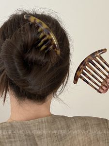 Elegant Leopard Print Hair Comb French Vintage Tortoiseshell Dense Tooth 7 Tooth Bun Hairpin Ball Head Hair Accessory