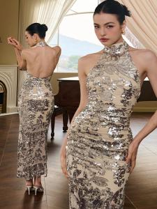 Find Ya Wings Ancient Goddess Long Sequin Bling Net Neck Hanging Dress Sleeveless Waist Cinched Commute Style Spring Dress