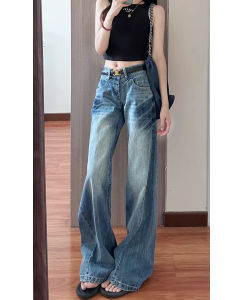 Low Waist Wide Leg Jeans Women Summer American High Street Washed Design Loose Straight Tube Floor-Length Pants