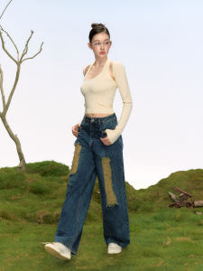 La Lune Du Ciel Casual Straight Leg Jeans Womens Summer American Style Versatile Hole Design Jeans Loose Fit Natural Waist