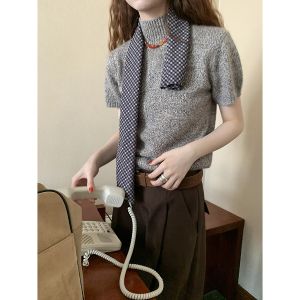 Áo Len Dệt Kim Tay Ngắn Cổ Cao Phong Cách Pháp Hellooo Eat Dành Cho Nữ Mùa Thu 2024 Áo Len Cổ Tròn Đa Năng Màu Trơn