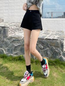 High Waist Black Denim Shorts Womens Summer Slimming A-Line Hot Pants Casual Pure Color Cotton Stretch Fabric Zipper Closure