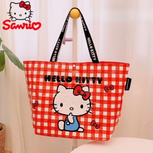 Sanrio | Leopard Print Hello Kitty Eco-Friendly Woven Large Capacity Storage Bag Officially Licensed Cartoon Plaid Waterproof Tote Bag Fo