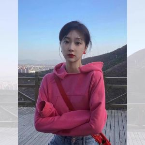 Peach Pink Loose Short Hoodie Womens Early Spring Korean Style Unique Beautiful Small Size Cute Top Comfortable Cotton Sweatshirt