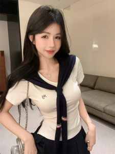 GUZILIAN | Summer New Style Spicy Girl Uniform Short Sleeve T-Shirt A-Line Pleated Skirt Two-Piece Set Womens High Waist Blouse