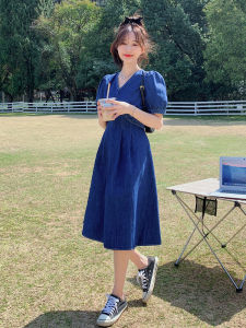 French Vintage Bubble Sleeve Denim Dress Womens High Waist A-Line Mini Skirt Short Sleeve V-Neck Summer Fashion Retro Dress