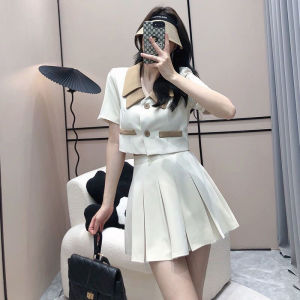 Fashionable Short Korean Style Suit Top with High Waist Pleated Mini Skirt Set for Women Summer Season Polyester Fabric