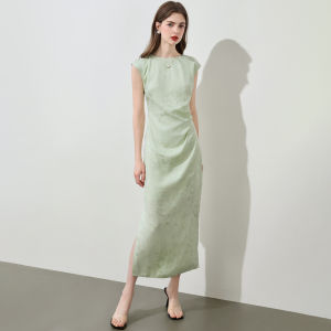 Mo | Elegant Summer New Style Chinese Round Neck Slim Fit Midi Dress Vinegar Acetate Improved Cheongsam Dress High Waist Slim Fit