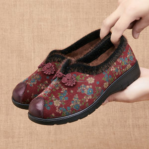 SHIPAILUO | Beijing Ladies Soft Bottom Cotton Shoes Floral Pattern Flat Heel Comfortable Rubber Sole Round Toe Casual Style For Middle Aged And Elderly