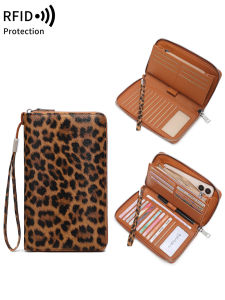 NEW RFID Blocking Womens long Wallet Fashion Vintage Leopard Print Multifunction Large Capacity Double-Fold Credit Card Holder