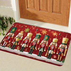 VIKAMA Row of Nutcracker Soldiers Doormat Red Christmas Welcome Mat Snowflakes Bells Entryway Rug Front Porch Decor