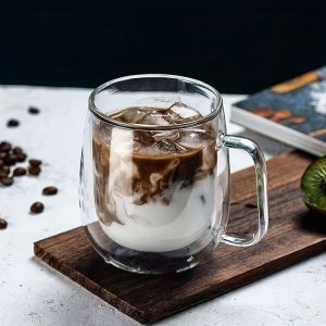 2pc Double Wall Glass Cups With Handle Transparent Double Walled Espresso Coffee Mugs Cold Drink Milk Juice Cup 150ml 250ml