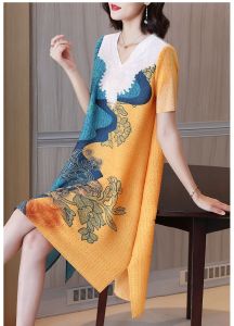 NOVA quality⭐One person one pleat ⭐ Temperament fashion printed Miyake pleated dress summer new short-sleeved loose skirt to hide flesh and thin mother skirt